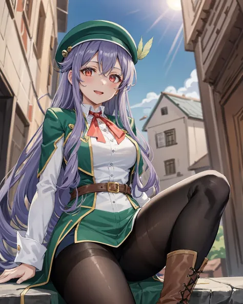 best quality, (masterpiece:1.2), illustration, absurdres,
(1girl, solo), (beautiful detailed girl),
<lora:Aeolia-07:0.7>, Aeolia, lilac hair, long hair, red eyes, medium breasts,
green hat, hat with feather ornament, green dress, green coat,
green outfit, black_pantyhose, white shirt, brown shorts, fleece lined boots, brown boots,
inside middle eastern town, middle east, bazaar, cobblestone street, sky, sun, day,,
spread legs,,
from below,
looking at viewer, happy