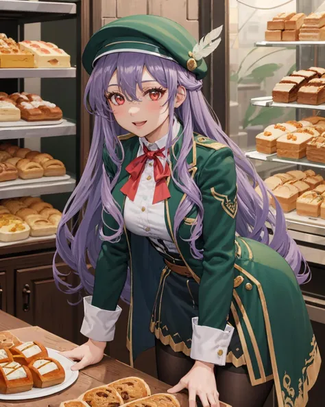 best quality, (masterpiece:1.2), illustration, absurdres,
(1girl, solo), (beautiful detailed girl),
<lora:Aeolia-07:0.7>, Aeolia, lilac hair, long hair, red eyes, medium breasts,
green hat, hat with feather ornament, green dress, green coat,
green outfit, black_pantyhose, white shirt, brown shorts, fleece lined boots, brown boots,
((inside intricate detailed bakery)), bread, pastries, table, store, shop,,
leaning forward,
cowboy shot,,
looking at viewer, happy