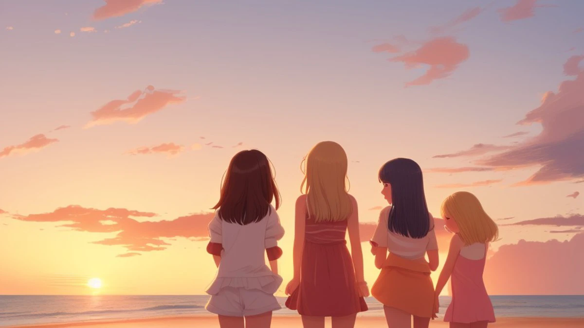 4girls multiple girls beach sunset <lora:DuckCute:1.0>