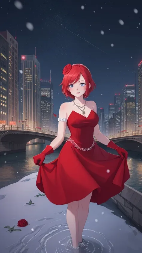 1girl city cityscape skyscraper city lights building dress night castle skyline flower bridge solo river snowing red dress gloves water snow rose skirt hold red gloves necklace night sky red hair outdoors <lora:DuckCute:-0.5>