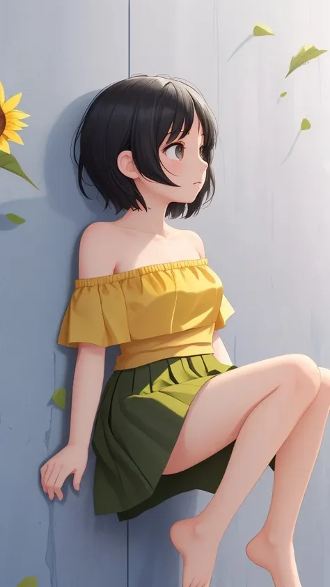 1girl sunflower solo flower barefoot wall short hair black hair skirt bare shoulders against wall