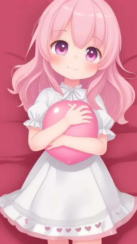 1girl solo pillow balloon white dress dress object hug heart holding ball ball <lora:DuckCute:1.0>