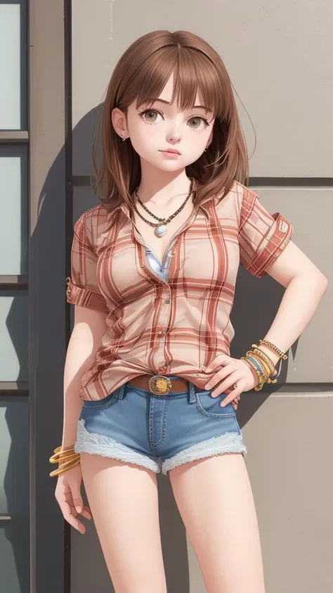 1girl jewelry plaid plaid shirt solo bracelet necklace denim denim shorts realistic shorts brown hair