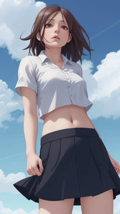 1girl, solo, white polo shirt, white sneakers, tennis wear, white miniskirt, masterpiece, best quality, realistic, hyper-detailed, (shiny skin, sweaty:1.4), absurd, looking at viewer, short black hair, brown eyes, slender, dynamic lighting, high resolution, sharp focus, depth of field, detailed eyes, sharp pupils, realistic pupils, (small breasts:1.6), (thick thighs:1.0), outdoor, sky