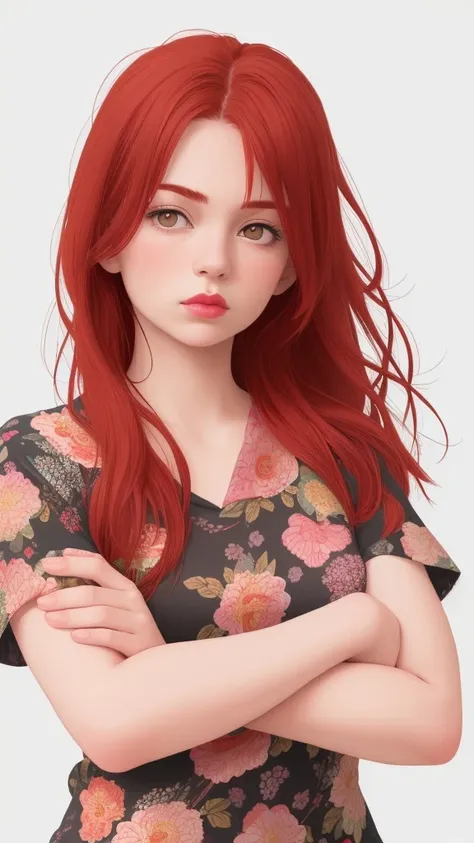 1girl solo crossed arms realistic red hair floral print lips long hair