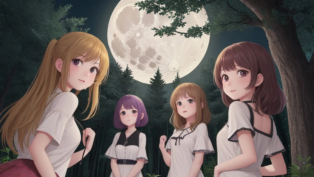 4girls multiple girls forest night full moon