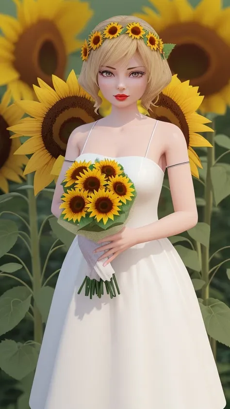Beautiful Woman, Holding a bouquet of roses, beautiful dress, Sunrise, in a Beautiful field full of sunflowers, Sexy body, Gorgeous face, ((Wholesome)), An art for Mother's day