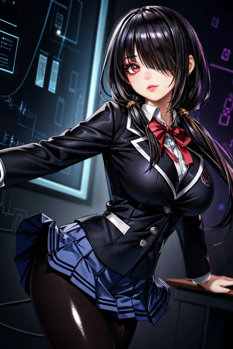 (ultra realistic,32k,RAW photo:1.1),(high detailed skin:1.1), 8k uhd, dslr, high quality, film grain, (makeup, mascara:1.2), lips,(thick\lips\),
(shiny glossy translucent clothing:1.1), <lora:tokisaki_kurumi_v1:0.7> bbkurumi, long hair, low twintails, hair over one eye, school uniform, blazer, black jacket, pleated skirt, blue skirt, black pantyhose,,(huge breast:0.9), <lora:add_detail:1>,
Balancing in a dancer's pose,
(busty:1.1) , (chubby:0.1),(Medium blue bioluminiscent exposure:1.15), <lora:LowRA:0.4>, dark theme, advanced quantum computing center, qubit processors, quantum encryption, computational breakthroughs , glowing lights background