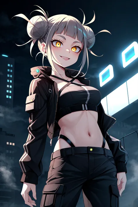 masterpiece, best quality, 1girl, toga himiko, boku no hero academia \(series\), cyberpunk \(series\), yellow eyes, bright pupils, smile, double bun, techwear, cropped jacket, criss-cross halter, tactical pants, midriff, toned, shiny skin, smog, neon lights, <lora:Gloomifier_V2_TheGlow:1.5>