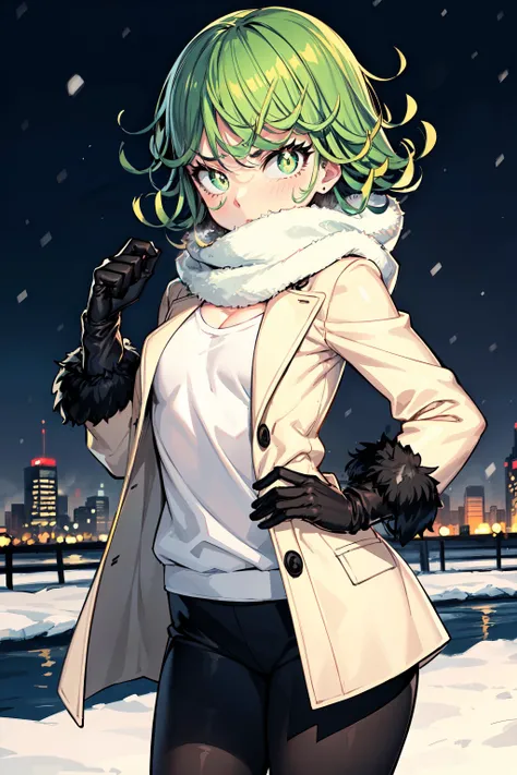 masterpiece, best quality, 1girl, tatsumaki, one-punch man, green hair, green eyes, bright pupils, petite, toned, small breasts, puffy coat, fur trim, gloves, scarf, leggings, winter, casual, outdoors,