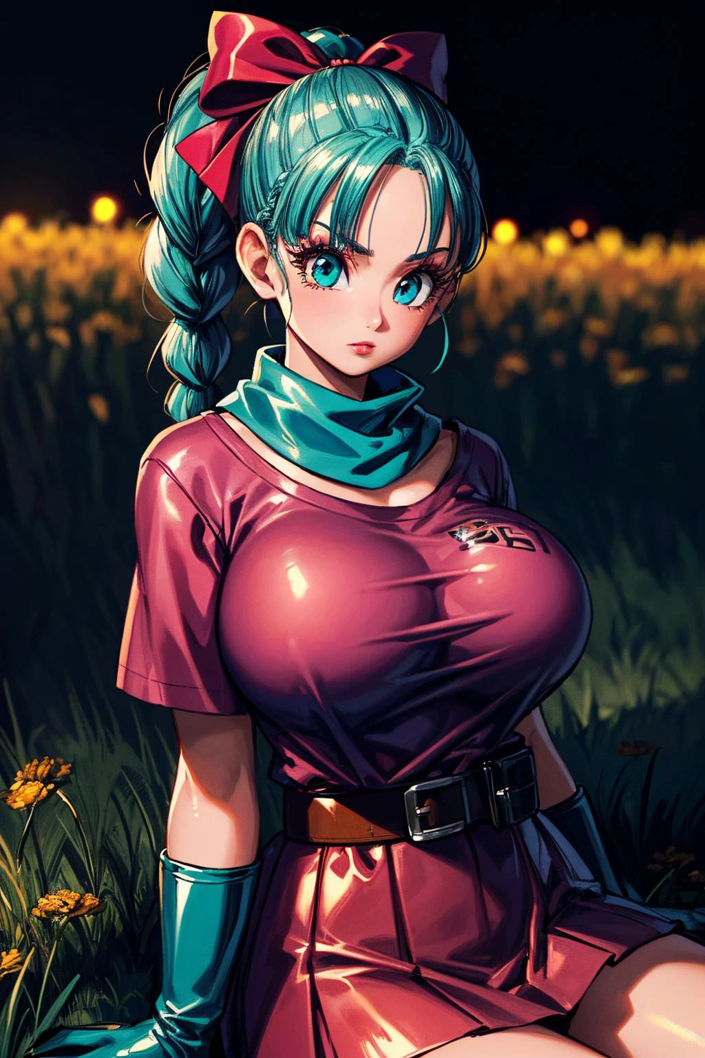 (ultra realistic,32k,RAW photo:1.1),(high detailed skin:1.1), 8k uhd, dslr, high quality, film grain, (makeup, mascara:1.2), lips,(thick\lips\),
(shiny glossy translucent clothing:1.1), <lora:bulma_9:0.7> dragon ball, blmpony, aqua hair, hair ribbon, braided ponytail, pink shirt, belt, scarf, pink skirt, clothes writing, brown gloves,,(huge breast:0.9), <lora:add_detail:0.82>,
Sitting, pretending to tie an oversized bow,
(busty:1.1) , (chubby:0.1),(Orange peel moody lighting exposure:1.15), <lora:LowRA:0.4>, dark theme, meadow, colorful wildflowers, lush grass, serene , glowing lights background