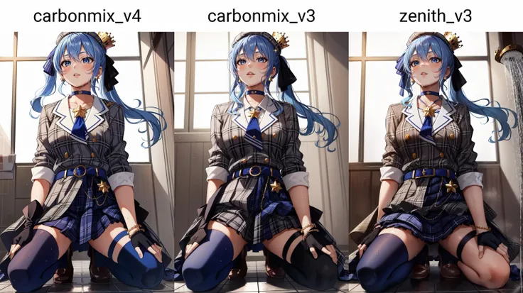 (masterpiece, best quality), intricate details,
1girl, <lora:CHAR-HoshimachiSuiseiV2:0.8> HoshimachiSuisei, side ponytail, blue hair ribbon, SuiseiBase, plaid beret, crown, blue star choker, star earrings, blue ascot, plaid jacket, plaid skirt, layered skirt, partially fingerless gloves, star bracelet, uneven legwear, thigh strap,
on knees, shower, wet hair, wet clothes,