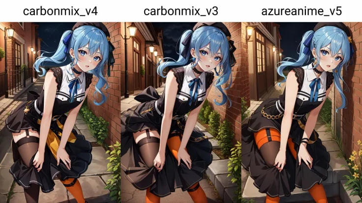 (masterpiece, best quality), intricate details,
1girl, <lora:CHAR-HoshimachiSuiseiV2:0.8> HoshimachiSuisei, side ponytail, blue hair ribbon, SuiseiStreet, long hair, half updo, black beret, black dress, collared dress, sleeveless, bow earrings, lace choker, neck ribbon, black belt, orange pantyhose, o-ring thigh strap, single garter strap,
outdoors, night, street, grafiti, alley way, brick wall,