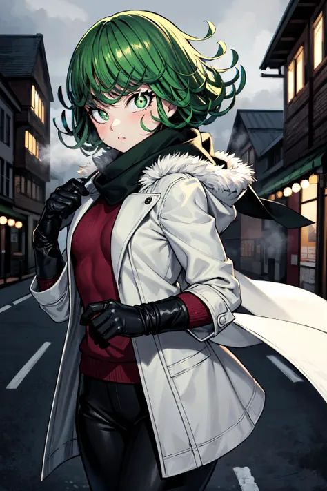 masterpiece, best quality, 1girl, tatsumaki, one-punch man, green hair, green eyes, bright pupils, petite, toned, small breasts, duffle coat, fur trim, gloves, scarf, leggings, winter, casual, outdoors, town, breath, fog, wind,