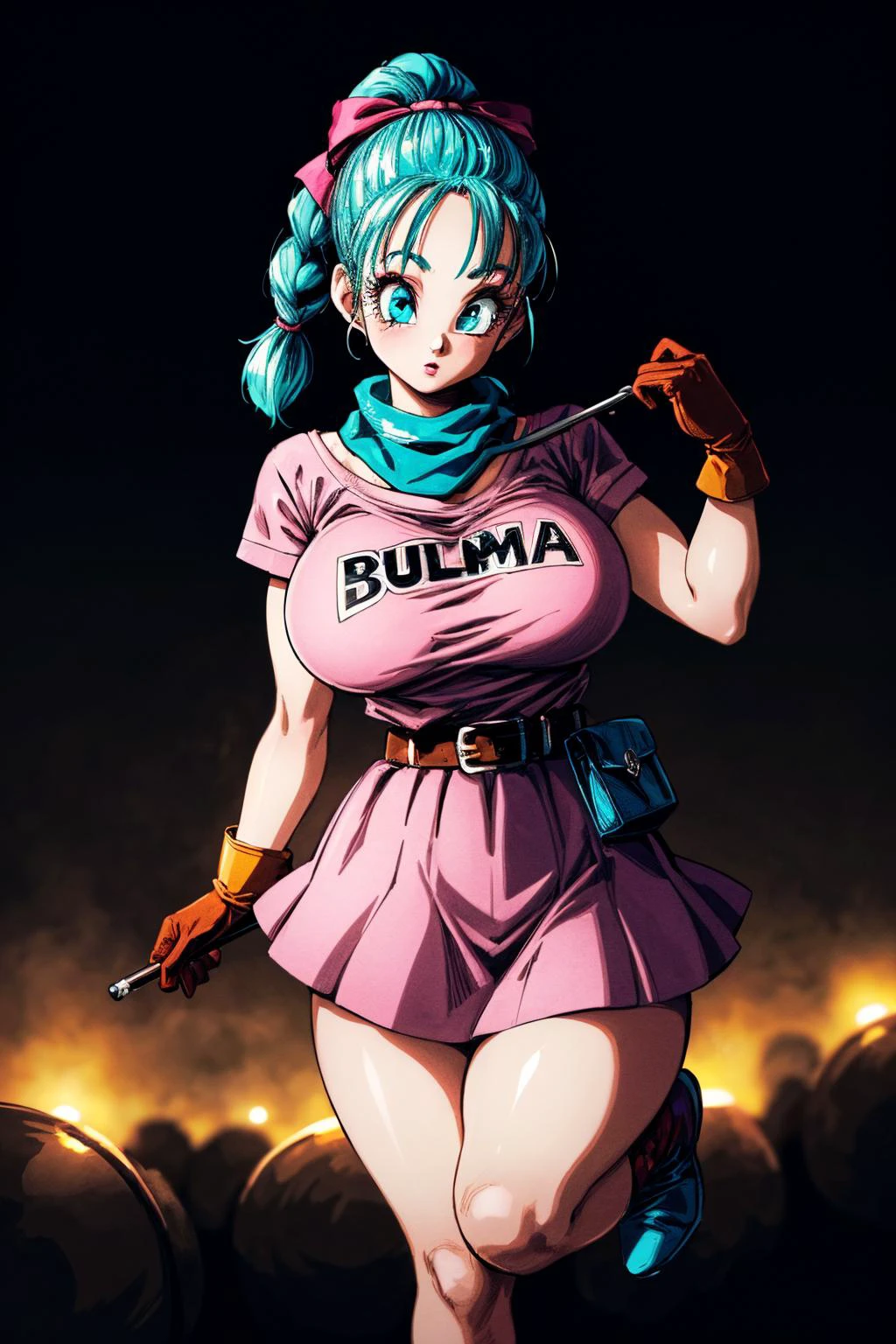 (ultra realistic,32k,RAW photo:1.1),(high detailed skin:1.1), 8k uhd, dslr, high quality, film grain, (makeup, mascara:1.2), lips,(thick\lips\),
(shiny glossy translucent clothing:1.1), <lora:bulma_9:0.7> dragon ball, blmpony, aqua hair, hair ribbon, braided ponytail, pink shirt, belt, scarf, pink skirt, clothes writing, brown gloves,, huge breast,  <lora:add_detail:0.77>,
 Balancing on one foot, 
 (busty:1.1) ,  (chubby:0.1),(Rose Dust soft shaded  exposure:1.15), <lora:LowRA:0.4>, dark theme,  blank background   , glowing lights background