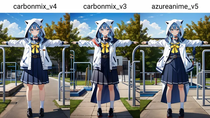 (masterpiece, best quality), intricate details,
1girl, <lora:CHAR-HoshimachiSuiseiV2:0.8> HoshimachiSuisei, side ponytail, blue hair ribbon, SuiseiSchool, long hair, black serafuku, black shirt, black choker, yellow bowtie, grey belt, black skirt, white jacket, hood up, cat hood, open jacket,
<lora:TPose:0.8> TPose, outstretched arms, standing
outdoors, standing on wall, school playground,
