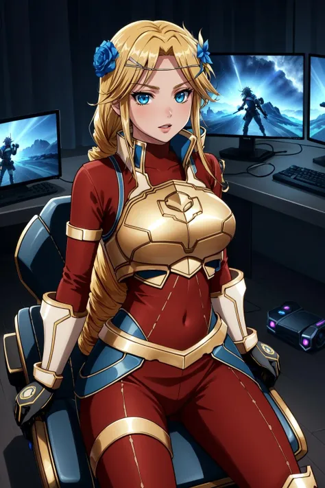 (masterpiece, best quality), intricate details,
1girl, <lora:CHAR-LakyusAlveinDaleAindra:0.8> Laykus, long hair, hair flower, Laykus, long hair, hair flower, gloves, armor, breastplate, bodysuit, pelvic curtain,,
<lora:ARWgameroomconcept:0.8> gameroomconcept, computer desktop monitor keyboard, rgb lighting, gaming chair, blue yellow light, pod, science fiction, elegant, bed room, gamepad, speaker, sound system,