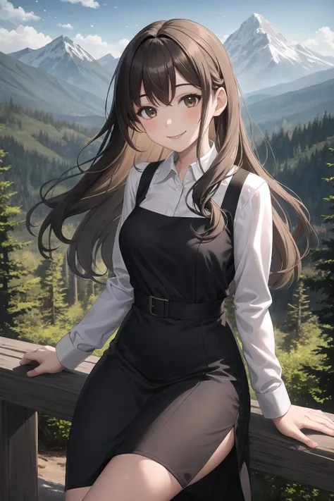 masterpiece,best quality,1girl,long curly brown hair,two toned dress,shirt,outdoors,forest,mountains in background,gentle breeze,smile