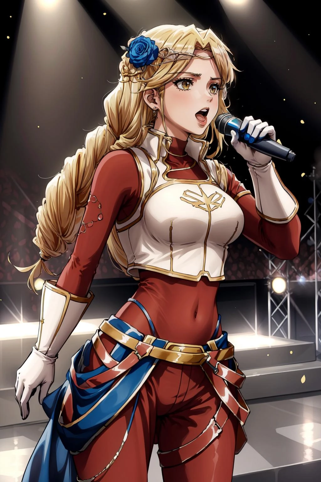 (masterpiece, best quality), intricate details,
1girl, <lora:CHAR-LakyusAlveinDaleAindra:0.8> Laykus, long hair, hair flower, Laykus, long hair, hair flower, gloves, armor, breastplate, bodysuit, pelvic curtain,,
<lora:IdolT:0.8> Idl, microphone, singing, stage, stage lights,