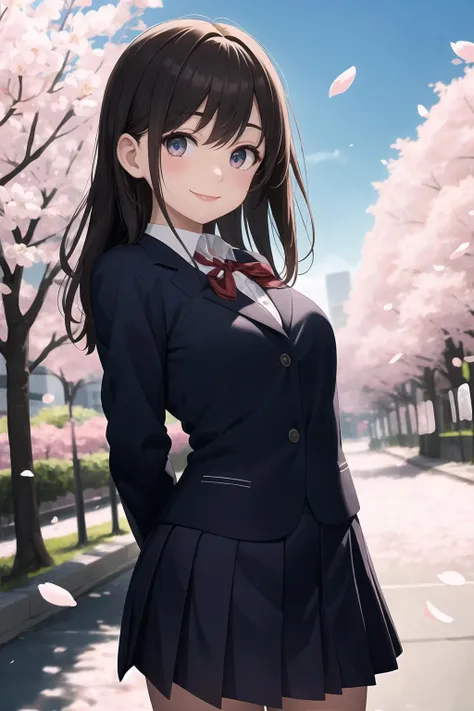 masterpiece,best quality,1girl,city,looking at viewer,school uniform,arms behind back,cherry blossoms,blue sky,smile,
