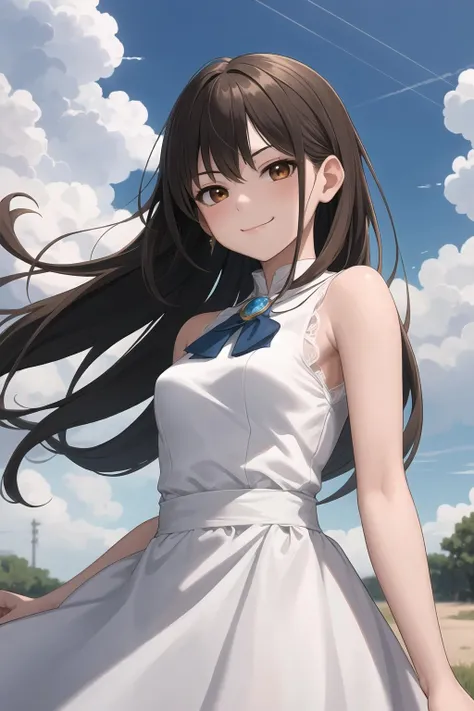 masterpiece,best quality,1girl,brown eyes,white dress,sleeveless,brooch,upper body,heavenly sky,cowboy shot,smug