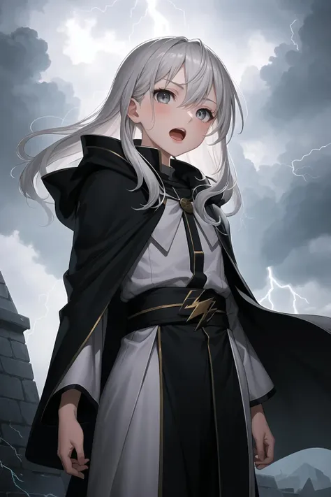 masterpiece,best quality,1girl,long silver hair,grey eyes,storm clouds,open mouth,lightning,shadows,long wizard robe