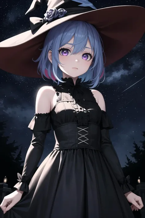 masterpiece,best quality,detailed,1girl,night sky,stars,arms at sides,levitating,witch hat,gothic two toned dress,detailed eyes,purple eyes,multicolored hair,long light blue hair,