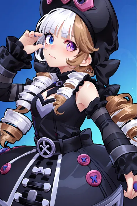 (masterpiece, best quality), intricate details,
1girl, <lora:Soul_Fighter_Gwen_V1:0.8> Soul_Fighter_Gwen, dress, multicolored_eyes, heterochromia, twin_drills ringlets, long_hair, black_headwear,
<lora:brawlstarsStyleLora_v10:0.8>
