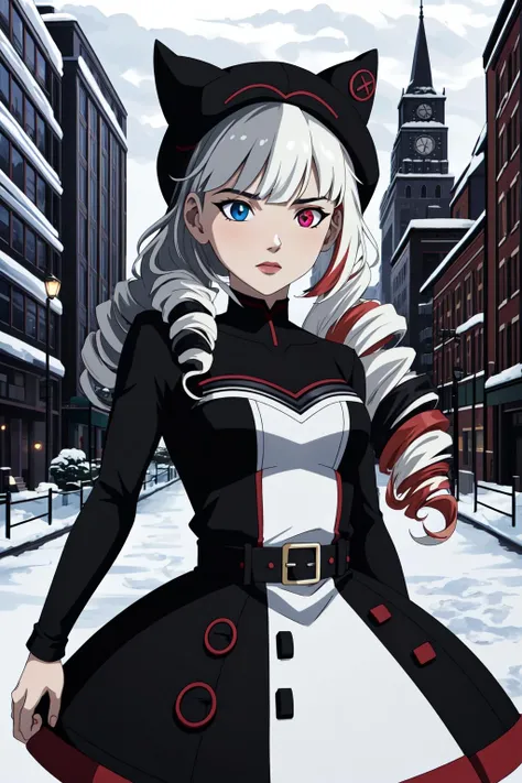 (masterpiece, best quality), intricate details,
1girl, <lora:Soul_Fighter_Gwen_V1:0.8> Soul_Fighter_Gwen, dress, multicolored_eyes, heterochromia, twin_drills ringlets, long_hair, black_headwear,
<lora:dcau_fantasy_offset:0.8> snowy city, buildings,