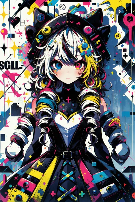 (masterpiece, best quality), intricate details,
1girl, <lora:Soul_Fighter_Gwen_V1:0.8> Soul_Fighter_Gwen, dress, multicolored_eyes, heterochromia, twin_drills ringlets, long_hair, black_headwear,
<lora:mixed_patterns_of_text_and_emoji:0.8> graffiti, vibrant colors,