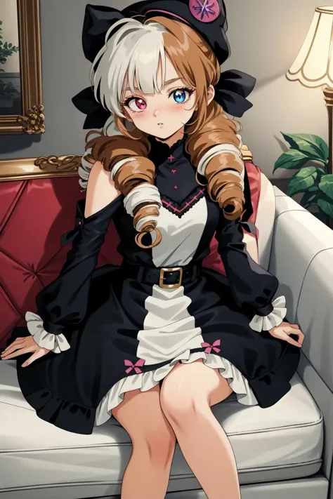 (masterpiece, best quality),  intricate details,
1girl,   <lora:Soul_Fighter_Gwen_V1:0.8> Soul_Fighter_Gwen, dress, multicolored_eyes, heterochromia, twin_drills ringlets, long_hair, black_headwear, 
 <lora:Retro-V1:0.8>  1990s (style),retro style, tea party, old person house, pink couch,