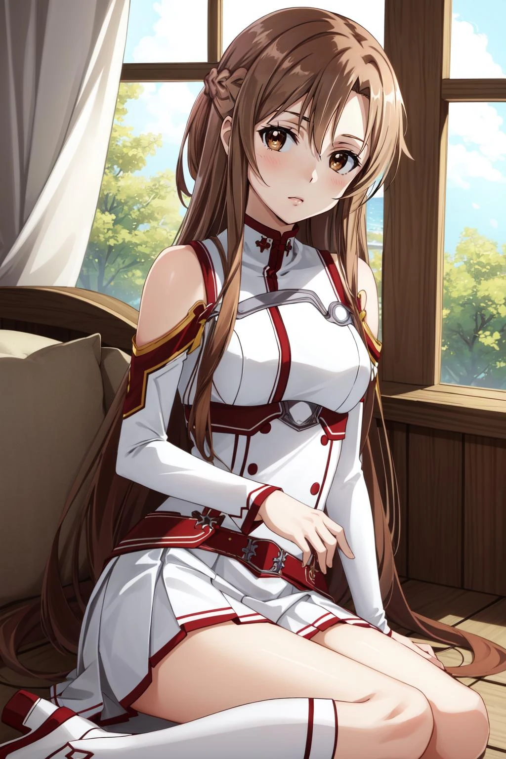 (masterpiece, best quality), intricate details,
1girl, <lora:Kizuki - Sword Art Online - Yuuki Asuna:0.8> yuuki asuna, kizukiai, brown hair, brown eyes, medium breasts, long hair, braid, kotbo, white gloves, white uniform, white boots, red skirt, red straps,