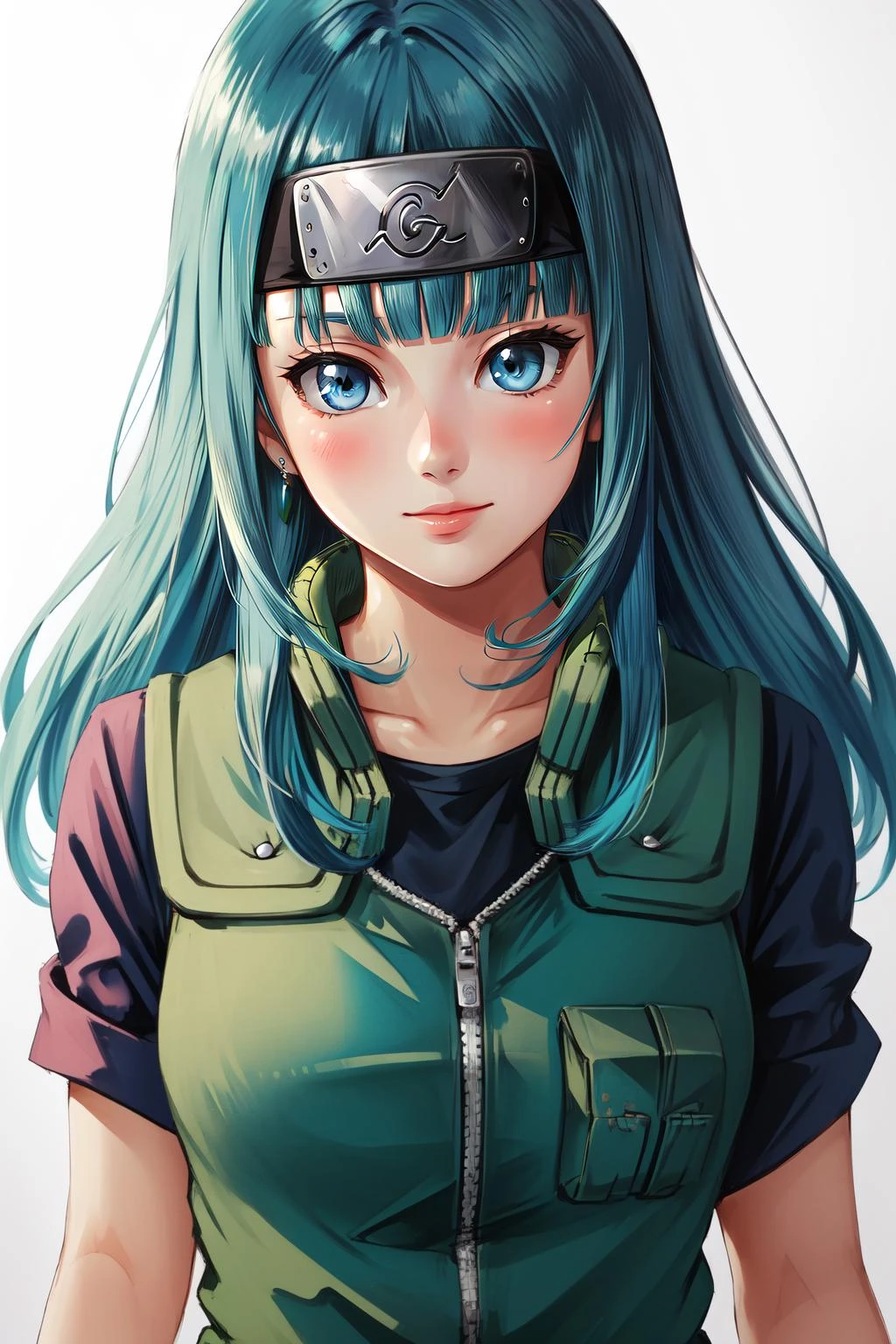(masterpiece, best quality), intricate details,
1girl, <lora:maron_v0_5_dadap-000042:0.8> maron, blue eyes, aqua hair,blunt bangs, long hair,
<lora:attire_narutovest-11:0.8> joninvest, forehead protector, green vest,