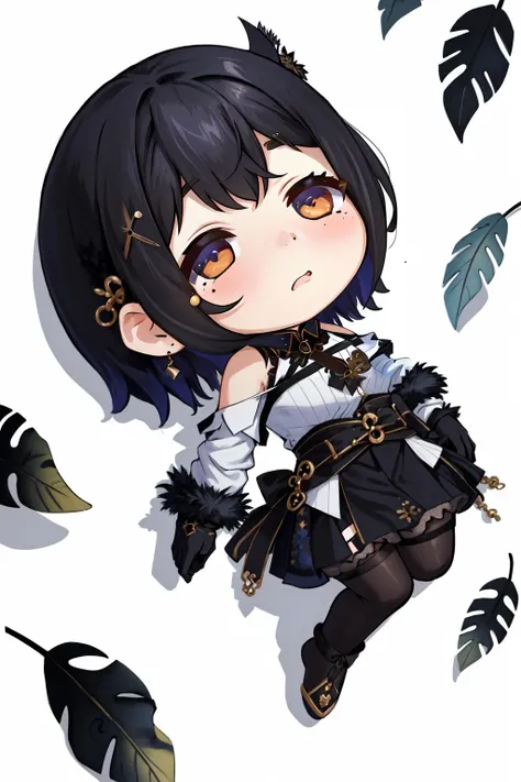 (masterpiece, best quality), intricate details,
1girl, <lora:NerissaRavencroftV1-000090:0.8> Nerissa, shirt, gloves, off shoulder, bare shoulders, fur trim, jacket, skirt, single leg pantyhose, asymmetrical legwear, uneven legwear,bird, feathers, mole under eye
<lora:QiqiFallen:0.8> QiqiFallen, chibi, on back,