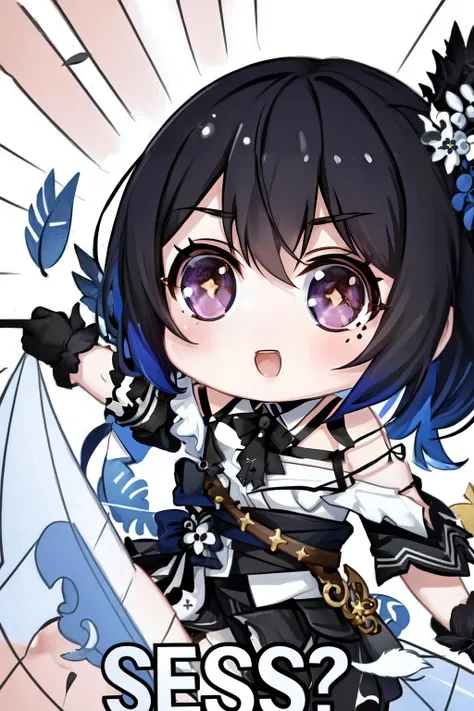 (masterpiece, best quality), intricate details,
1girl, <lora:NerissaRavencroftV1-000090:0.8> Nerissa, shirt, gloves, off shoulder, bare shoulders, fur trim, jacket, skirt, single leg pantyhose, asymmetrical legwear, uneven legwear,bird, feathers, mole under eye
<lora:Segs:0.8> Segs, english text, chibi,