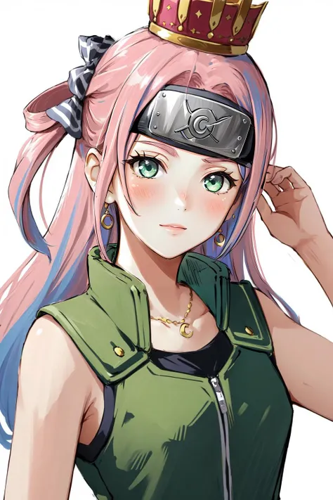 (masterpiece, best quality), intricate details,
1girl, <lora:KitsuneAi-HimemoriLuna-LoCon32V1:0.8> pink hair, crown,
<lora:attire_narutovest-11:0.8> joninvest, forehead protector, green vest,