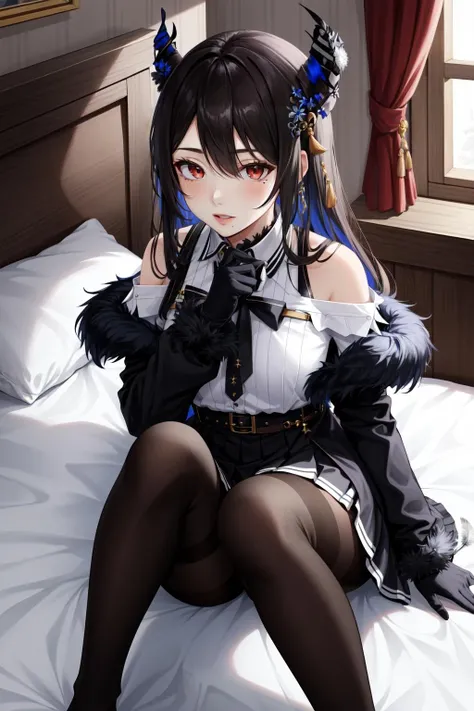 (masterpiece, best quality), intricate details,
1girl, <lora:NerissaRavencroftV1-000090:0.8> Nerissa, shirt, gloves, off shoulder, bare shoulders, fur trim, jacket, skirt, single leg pantyhose, asymmetrical legwear, uneven legwear,bird, feathers, mole under eye
indoors, on knees, bed, looking up,