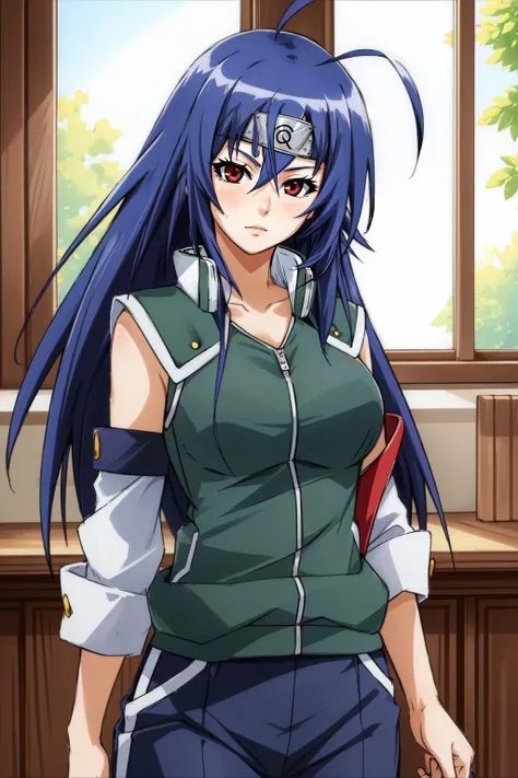 (masterpiece, best quality),  intricate details,
1girl,   <lora:Kizuki - Medaka Box - Kurokami Medaka:0.8> kurokami medaka, red eyes, blue hair, long hair, ahoge, large breasts,
 <lora:attire_narutovest-11:0.8> joninvest, forehead protector,  green vest,