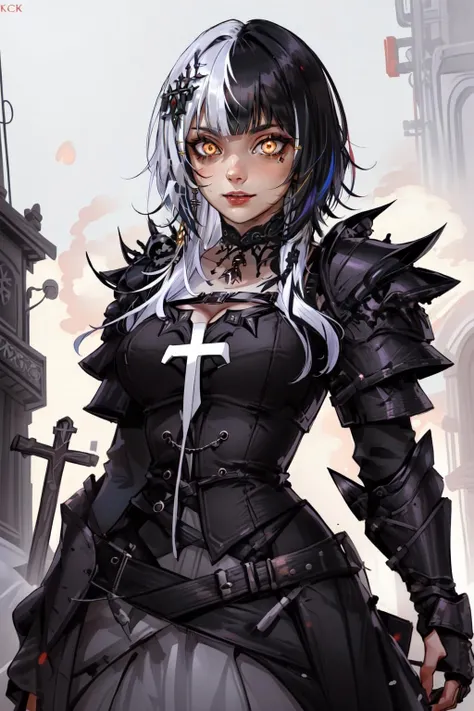 (masterpiece, best quality), intricate details,
1girl, ShioriNovella, split-color hair, hair ornament, crazy eyes, make-up, glowing eyes, choker, Shiori, <lora:KitsuneAi-ShioriNovella-LoCon32-V0_1:0.8>
<lora:ArmorFusion:0.6> armor, pauldrons, armored skirt, cross, skulls,