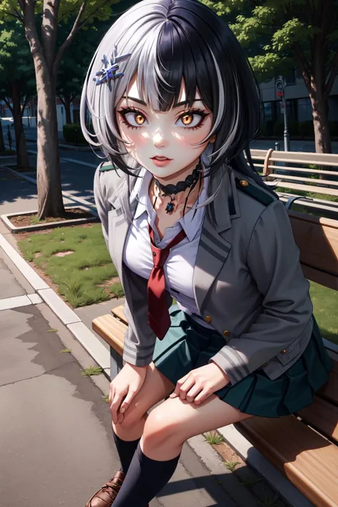 (masterpiece, best quality), intricate details,
1girl, ShioriNovella, split-color hair, hair ornament, crazy eyes, make-up, glowing eyes, choker, Shiori, <lora:CHAR-ShioriNovella_v1.0:0.8>
<lora:attire_uauniforms-17:0.8> u.a. school uniform, grey jacket, red necktie, green skirt, outdoors, grass, sidewalk, park bench, hands behind back, leaning forward,