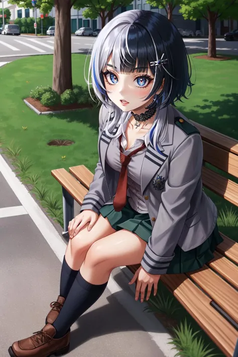 (masterpiece, best quality), intricate details,
1girl, ShioriNovella, split-color hair, hair ornament, crazy eyes, make-up, glowing eyes, choker, Shiori, <lora:ShioriNovellaV1-000090Bloodsplash:0.8>
<lora:attire_uauniforms-17:0.8> u.a. school uniform, grey jacket, red necktie, green skirt, outdoors, grass, sidewalk, park bench, hands behind back, leaning forward,