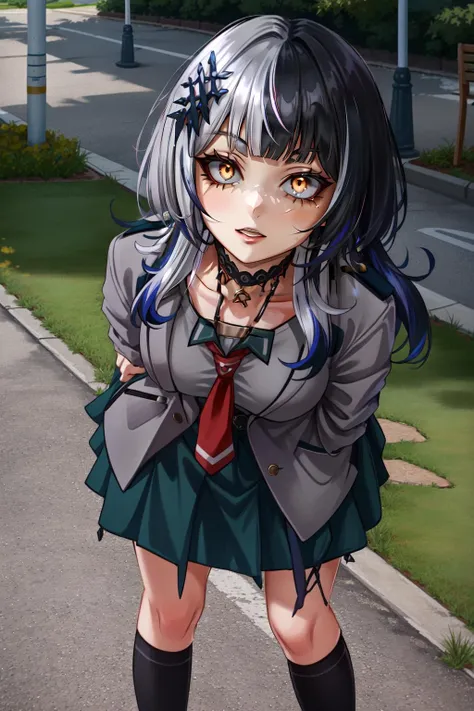 (masterpiece, best quality), intricate details,
1girl, ShioriNovella, split-color hair, hair ornament, crazy eyes, make-up, glowing eyes, choker, Shiori, <lora:KitsuneAi-ShioriNovella-LoCon32-V0_1:0.8>
<lora:attire_uauniforms-17:0.8> u.a. school uniform, grey jacket, red necktie, green skirt, outdoors, grass, sidewalk, park bench, hands behind back, leaning forward,