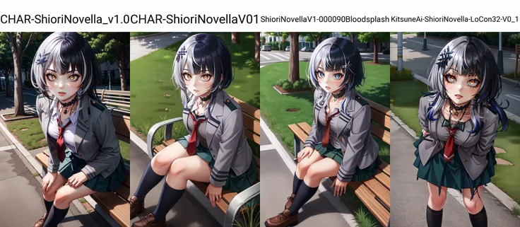 (masterpiece, best quality), intricate details,
1girl, ShioriNovella, split-color hair, hair ornament, crazy eyes, make-up, glowing eyes, choker, Shiori, <lora:CHAR-ShioriNovella_v1.0:0.8>
<lora:attire_uauniforms-17:0.8> u.a. school uniform, grey jacket, red necktie, green skirt, outdoors, grass, sidewalk, park bench, hands behind back, leaning forward,