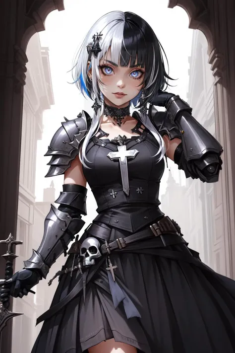 (masterpiece, best quality), intricate details,
1girl, ShioriNovella, split-color hair, hair ornament, crazy eyes, make-up, glowing eyes, choker, Shiori, <lora:ShioriNovellaV1-000090Bloodsplash:0.8>
<lora:ArmorFusion:0.6> armor, pauldrons, armored skirt, cross, skulls,