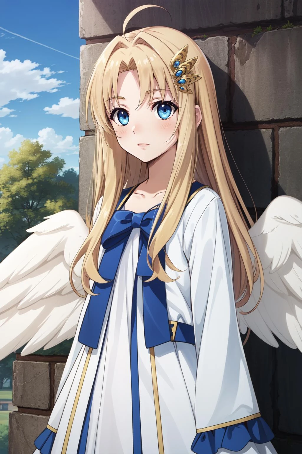 (masterpiece, best quality), intricate details,
1girl, <lora:Kizuki - The Rising of the Shield Hero - Filo:0.8> filo, blonde hair, ahoge, hair ornament, flat chest, bangs, long hair, angel wings, white dress, blue bow ,