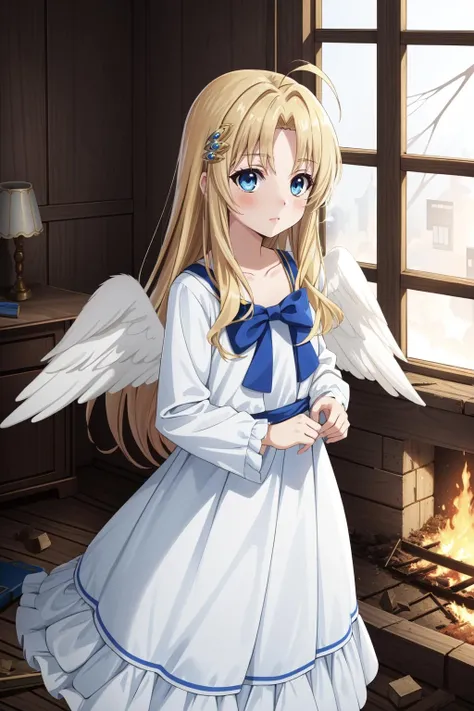 (masterpiece, best quality), intricate details,
1girl, <lora:Kizuki - The Rising of the Shield Hero - Filo:0.8> filo, blonde hair, ahoge, hair ornament, flat chest, bangs, long hair, angel wings, white dress, blue bow ,
indoors, burning room, fire, smoke, debris,