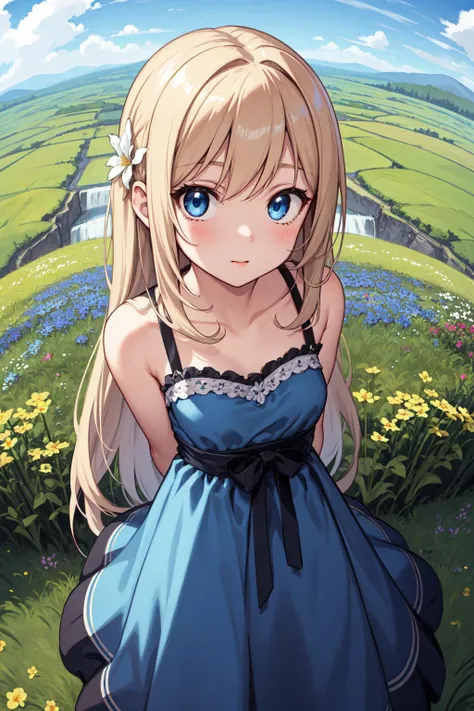 masterpiece, best quality, 1girl, from above, face focus, fisheye, blue dress, very long hair, blue eyes, meadow, waterfall, flower field, arms behind back