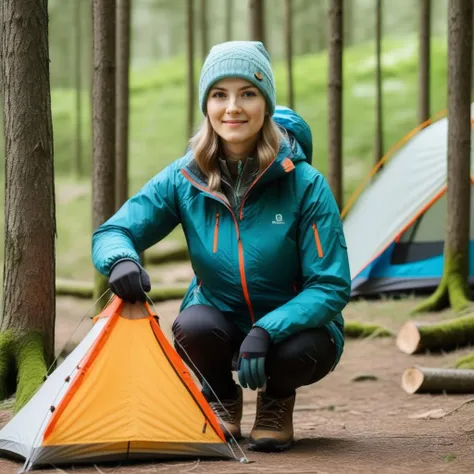 a photo of 3lfi3, woman, in the woods, camping gear, best quality, fine details, <lora:evaelfiev2_SDXL:0.9>