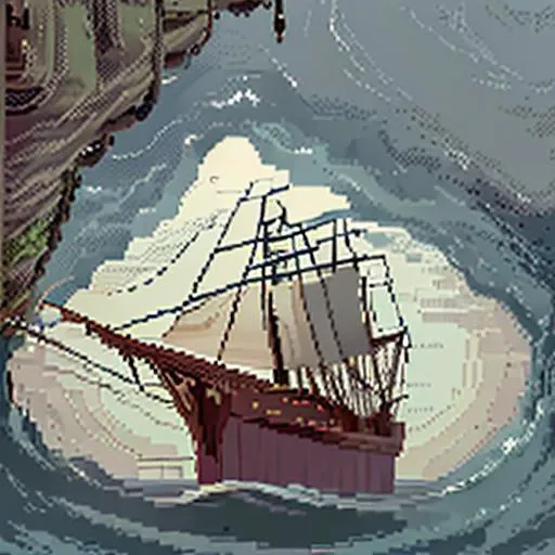 pixelart, an old, open trunk with a ship sailing out on a sea of clothes <hypernet:stipple-weave-1-0:1>