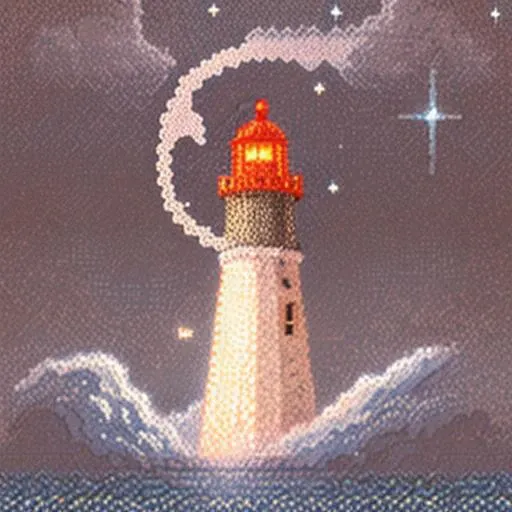 pixelart, a lighthouse shining patterns of constellations onto a foggy sea <hypernet:stipple-weave-1-0:1>